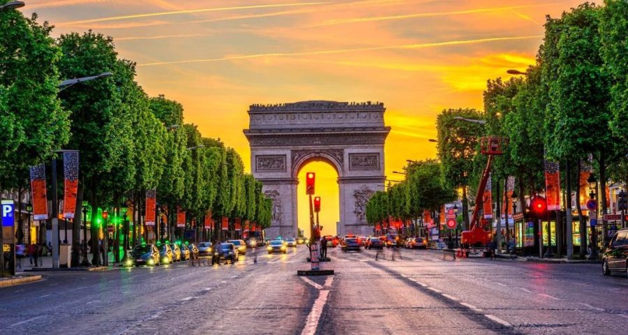 Champs-elysees,And,Arc,De,Triomphe,At,Night,In,Paris,,France.